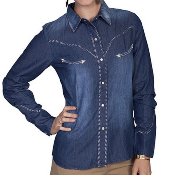 Scully Tops - Scully Women's Western Denim Blue Long Sleeve Collard Shirt Size Size XL